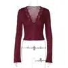 Ropa de mujer transfronteriza europea y americana, nuevo top/camiseta casual de otoño con encaje, cuello en V, manga larga, lunares, corte ajustado, para vacaciones