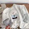 Otoño 2026 Nuevo Estilo Conjunto de Sudadera Falsa de Dos Piezas para Niños Niños y Niñas Estilo Coreano Bordado de Aplicación de Dibujos Animados Pantalones Deportivos Conjunto de Dos Piezas