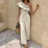 Tiktok2026 Novo Estilo de Verão Estilo Férias Maduro Bloqueio de Cores com Borda Preta Macacão de Um Ombro com Babados e Amarração na Cintura
