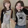 Camiseta de Manga Larga de Algodón Puro con Bloques de Color de Dibujos Animados para Niñas, Camiseta Básica Versátil Informal de Patchwork para Niños de Primavera y Otoño, Moderna