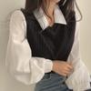 Camisa Curta Patchwork Tricô Falso Duas Peças Moda Retrô Francesa Chic Caranguejo com Cinco Painéis para Mulheres, Top de Manga Bufante de Outono