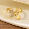 Nuevo producto transfronterizo: Anillo de Flor de Trébol con Goteo de Aceite y Diamantes, Diseño de Mariposa de Alta Gama, Anillo Abierto Ajustable