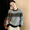 2026 Suéter Elegante para Mujer de Rayas Retro, Cuello Redondo, Tejido de Canalé, Manga Larga, Otoño Invierno, Estilo Nuevo, Adelgazante, Versátil