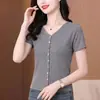 Camiseta Popular de Manga Corta con Cuello en V para Mujer, Transmisión en Vivo Dropshipping, Top Colorido de Botones Ajustado Verano 2026