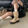 Botas largas hasta la rodilla para mujer Chuyuji estilo retro europeo y americano, pantorrilla ancha, hebilla, punta redonda, versátiles, plisadas, apiladas, tacón alto