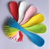Suministro de fábrica cuchillo, tenedor y cuchara de plástico tres en uno vajilla doble cabezal multifuncional vajilla creativa para exteriores portátil cuchara