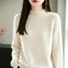 Suéter de lana bordado de siete agujas engrosado, tejido de cuello medio alto, holgado, casual, moderno, versátil, suéter para mujer con patrón trenzado grueso