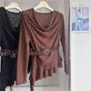 Camiseta de encaje ligera y sofisticada, estilo lady, con cuello volado, manga larga para mujer, Otoño 2025, cintura fruncida, top de aspecto adelgazante