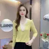 Camiseta Patchwork de Renda Elegante e Moderna com Manga Longa para Mulheres, Novo Modelo Primavera 2026, Top Base Elegante de Corte Justo