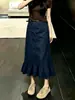 Saia Azul Escuro Feminina 2026 Verão Nova Babados Cintura Alta Emagrecedora Estilo Coreano Elegante Midi de Barra A
