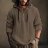 Nova Camisa com Capuz de Algodão e Linho Estilo Transfronteiriço de Verão para Homens, Top Casual Tendência Solto e Respirável de Manga Longa Meio Aberto