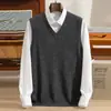 Camiseta base quente casual e simples sem mangas, novo suéter de cashmere masculino outono e inverno gola V, suéter de tricô