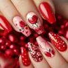 Unhas Usáveis para o Dia dos Namorados Ponto Vermelho Flor Rosa Decoração de Laço de Amor Unhas Postiças Reutilizáveis