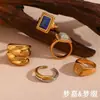 Moda Europeia e Americana Nicho Elegante Anel Retrô Aço Inoxidável Banhado a Ouro 18K Pedra Natural Selo Gota d'Água Anel Dourado