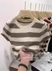 2025 Nuevo Suéter Rayado de Seda de Hielo Ajustado Hecho en Europa para Mujer de Manga Corta de Verano Ajustado Top Base Corto Estilo Spice Girl
