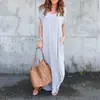 2019 AliExpress Amazon Europeo y Americano color liso costuras manga corta cuello V abertura vestido falda larga en stock