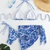 Porcelana Azul y Blanca Nuevo Bikini de Tres Puntos Divididos de Comercio Exterior Traje de Baño para Mujer Sexy Espalda Descubierta Cuello con Cordones Traje de Baño Biki