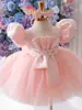 Vestido de princesa con mangas abullonadas para niñas, color navideño: rosa