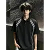 Camisa polo versátil a rayas tipo patchwork estilo americano, camiseta de verano para hombre de manga corta con hombro normal, cuello camisero resistente, elegante y fresca de media manga