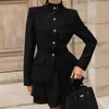 Conjunto Duas Peças Estilo Preppy Retro Americano de Alta Qualidade Versátil Elegante Redutor de Idade Blazer com Gola Alta Saia Curta Evasê