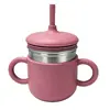 Taza de acero inoxidable con pajita de silicona para niños, taza multifuncional para beber directamente con pajita y doble asa, taza de aprendizaje de estilo creativo