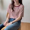 Camiseta Rayada Casual para Mujer de Manga Corta Verano 2025 Nueva Estudiante Top de Media Manga Holgado y Versátil Camiseta de Cuello Redondo Ins