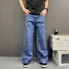 Jeans Workwear com Design Único Estilo Splatter-Ink para Homens, Cinza Cimento com Reforço de Rebites, Calças de Cintura Alta Largas e com Caimento High-Street