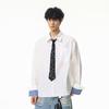 Camisa de Xadrez Azul Falsa de Duas Peças Masculina Verão Fina Tendência Marca Retro Americano Casual Solta Proteção Solar Jaqueta de Manga Longa