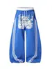Calça de moletom esportiva retro americana de cintura dupla com graffiti de letras e barra curva para homens e mulheres, calça longa versátil de perna larga solta com cintura elástica