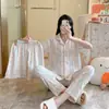 2025 Nuevo Cárdigan Nubes Algodón Primavera y Otoño Pijama para Mujer Pantalones Cortos Traje de Pijama de Tres Piezas Ropa de Casa