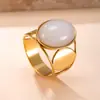 Anillo de Acero Titanio Joyería Ovalado Piedra Natural Estilo Antiguo Chapado en Oro 18K Anillo de Acero Inoxidable