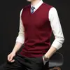 Colete masculino de tricô fino 100% lã, suéter casual sem mangas, gola V, adequado para homens de meia-idade e idosos