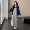 Conjunto de Dos Piezas de Punto Otoño Nuevo Cardigan + Vestido Rayado Maternidad Falda Línea A XMF Caramel Melody