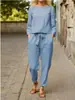 Traje de Lino Moda Femenina Color Sólido Salida Casual Conjunto de Dos Piezas Comercio Exterior Primavera y Verano Simple Retro Cintura Elástica con Cordón