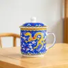 Taza Pequeña de Cerámica Estilo Tíbet con Tapa, Taza de Agua con los Ocho Símbolos Auspiciosos, Taza de Dragón, Taza de Té con Asa, Taza de Té con Mantequilla, Taza de Té de 220 ml