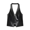 Roupas Femininas Transfronteiriças Outono 2025 Novo Estilo Europeu e Americano Sexy Justo Sem Costas Alça Halter Zíper Camisola de Couro PU para Mulheres