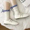 Calcetines Juveniles con Estilo Coreano y Cuadros Azules Anchos, Calcetines Versátiles de Encaje a Media Pantorrilla con Diseño Único de Atar y Calcetines Flojos