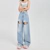 Jeans Rotos de Verano para Mujer 2025 Mx Mismo Estilo Personalizados con Diamantes Incrustados Cintura Alta Sueltos Pierna Ancha Rectos Largo hasta el Piso