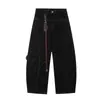 Pendente Decorativo Incrustado Jeans com Bainha Curva para Homens, Moda de Rua Solta Design Desconstruído Calças Versáteis de Perna Larga Comprimento Total