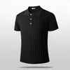 {Listras Verticais Simples} Camisa Polo Tricotada Retro Vazada Respirável de Manga Curta para Homens 26 Verão Versátil Camiseta
