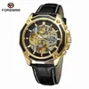 Reloj Mecánico Impermeable Forsining para Hombre Moda Casual Correa de Acero Esqueleto Automático Mecánico Caja Dorada Esfera Dorada