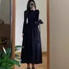 Vestido de Punto Plegado de Manga Larga Negro para Otoño e Invierno Estilo Nuevo Elegante Talla Grande Ropa Interior para Mujer Cintura ceñida Falda Larga de Corte A