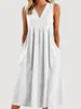 2026 Roupas Femininas Europeias e Americanas de Comércio Exterior Transfronteiriço Amazon Cor Sólida Pulôver Gola V Sem Mangas Algodão Solto Vestido