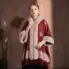 Capa de Invierno para Mujer con Forro Polar, Lana Sintética Engrosada, Atmósfera Navideña, Diseño de Reno, Estilo de Año Nuevo, Abrigo Rojo