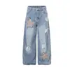 Jeans Longo Streetwear Retro Americano Lavado Rasgado Senso de Design Patch de Estrela de Cinco Pontas Bordado Cool Solto Largo