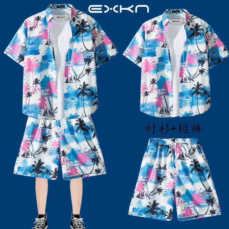 冰丝短裤一整套男夏季薄款宽松短袖碎花衬衫夏威夷情侣沙滩服套装