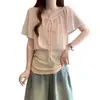 Camisa Estampada Patchwork de Manga Bufante com Decote V e Laço, Peça Falsa de Duas Peças, Tamanho Plus Size Feminina, Top Elegante Fino Slim-Fit de Verão