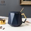 Taza en Forma de Diamante con Tapa y Cuchara, Taza de Cerámica Dorada Creativa Nórdica, Vaso de Agua para Oficina y Negocios, Taza para Desayuno en Casa