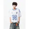 Camiseta de malla blanca estilo americano para hombre, de manga corta con cuello en V, transpirable, de secado rápido, para verano, estilo universitario, corte holgado, deportiva de manga corta
