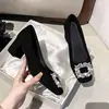 En stock~Punta cuadrada Hebilla cuadrada de pedrería Tacón grueso Zapatos de vestir Mujer Ante negro Boca poco profunda Tacones altos Banquete Viaje Diario Zapatos de mujer